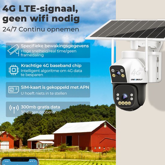 4G LTE beveiligingscamera met zonnepaneel, 300MB gratis data, zonder wifi, 24/7 continue opname en snelle real-time data.