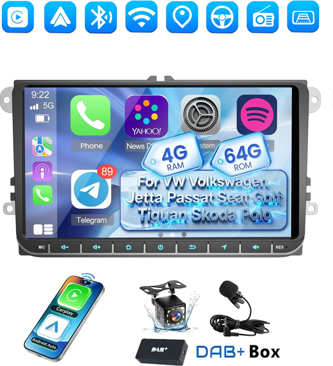 ESSGOO DAB+ Autoradio Geschikt voor Volkswagen, Skoda & Seat - Android 14 - 4+64GB - Apple Carplay & Android Auto - 9 Inch HD Touchscreen - Bluetooth, USB, WiFi & MP5 - Navigatiesysteem - Achteruitrijcamera & Microfoon