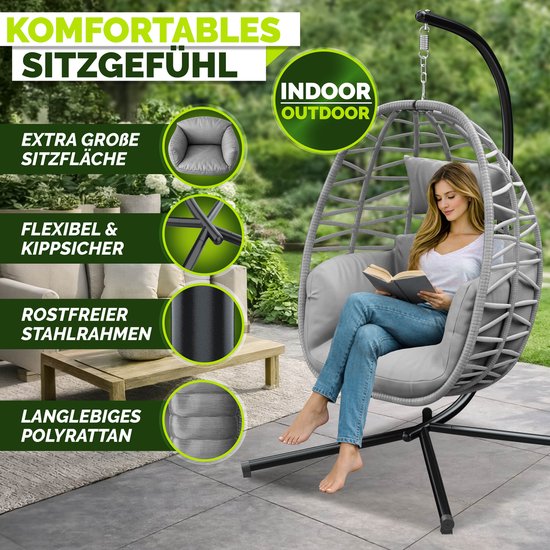 tillvex® Hangstoel met Standaard Outdoor & Weerbestendige Hoes incl. Bevestiging | Hangmand Opklapbaar tot 150 kg | Hangstoel van Rotan | Hangstoel voor Indoor Tuin Balkon Terras