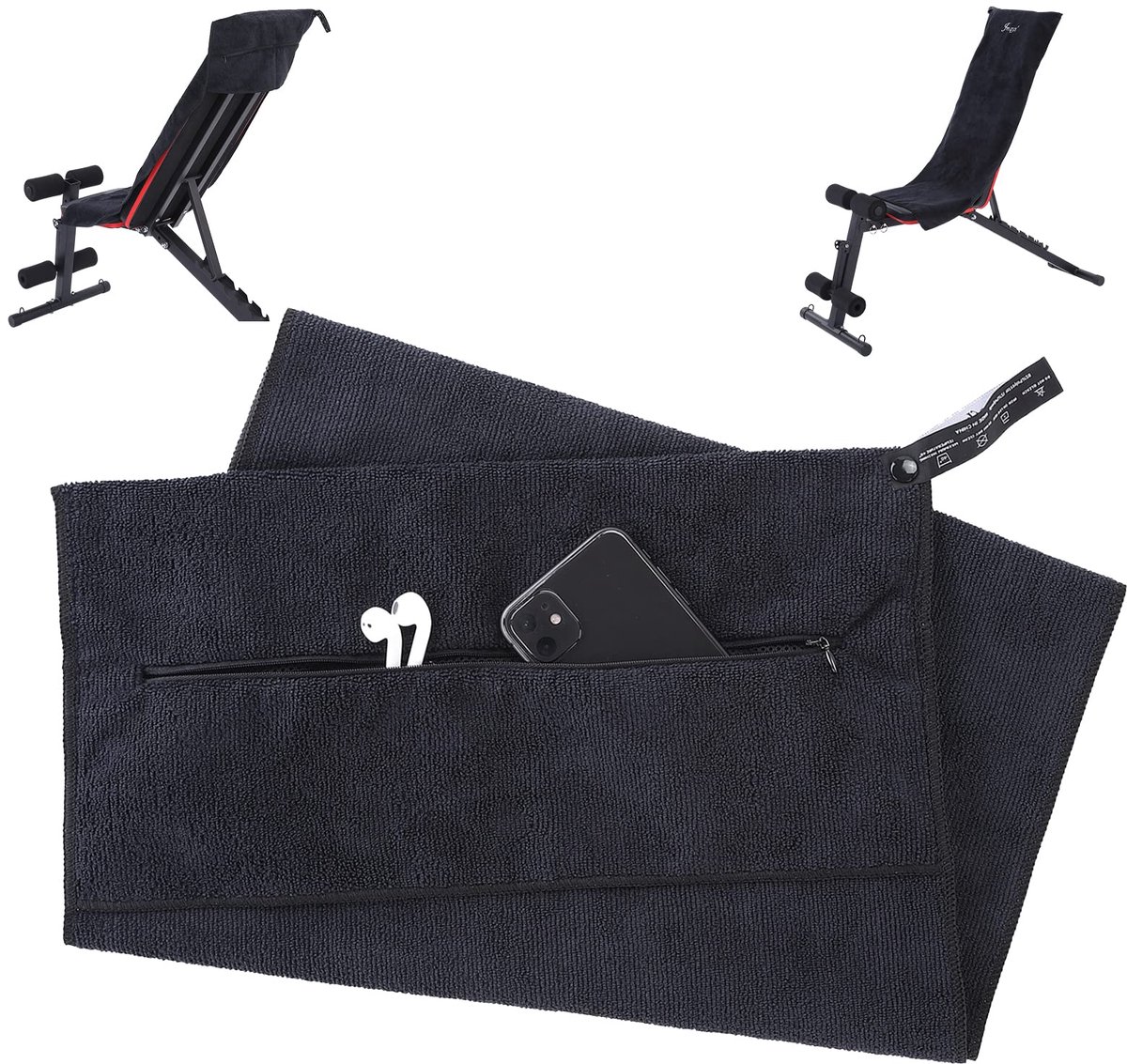 Sporthanddoek – Zwart – Fitness Handdoek met Ritsvak – Gym handdoek – Yoga handdoek – Nek Handdoek – Sneldrogende Handdoek voor Sport, Fitness & Gym – Met Opbergvak voor Telefoon & Sleutels – 50x120 cm