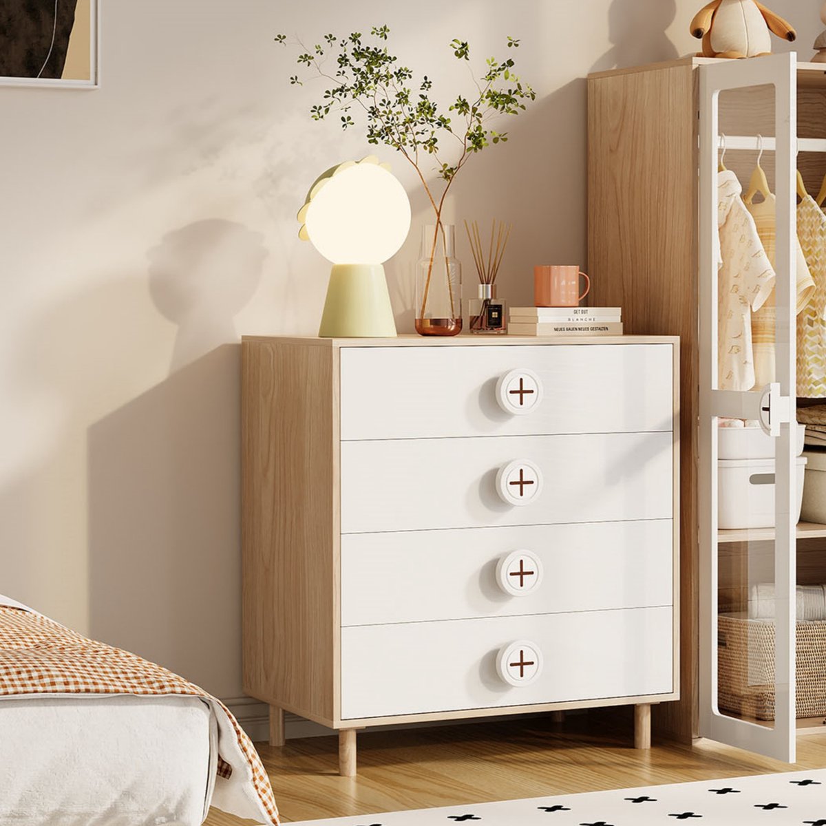 Wishdor Ladekast Met 4 Lades - Minimalistisch Ontwerp - Voor Slaapkamer - MDF - Naturel En Wit - 80 X 54 X 90 Cm Natuurlijk + Wit