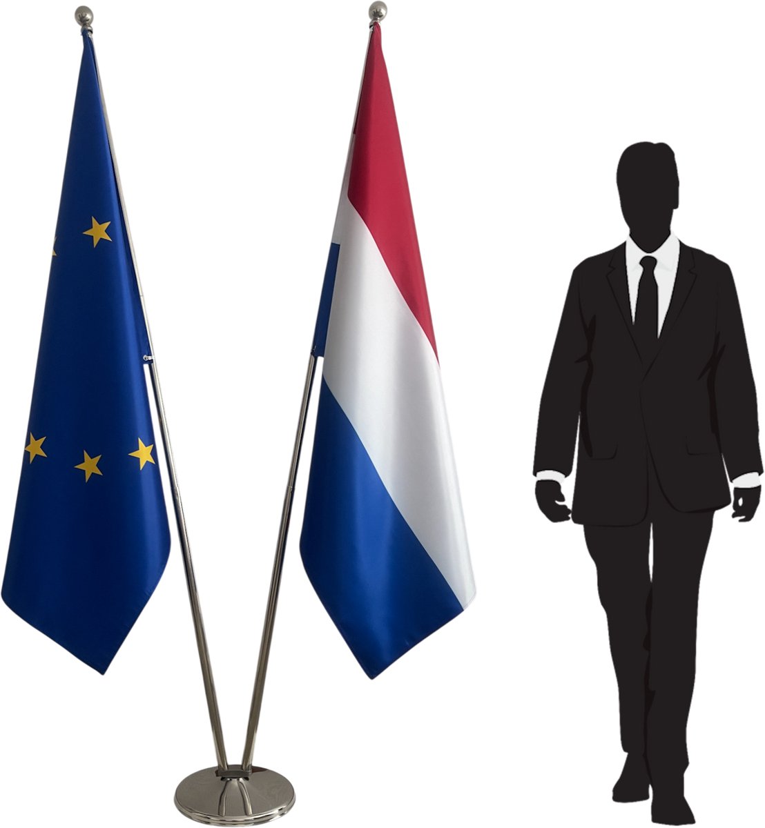 Nederlandse vlag + EU vlag met standaard - set van 2 vloervlaggen - RVS voet 3 kg - telescopische mast tot 2,5 m - kantoor / overheid