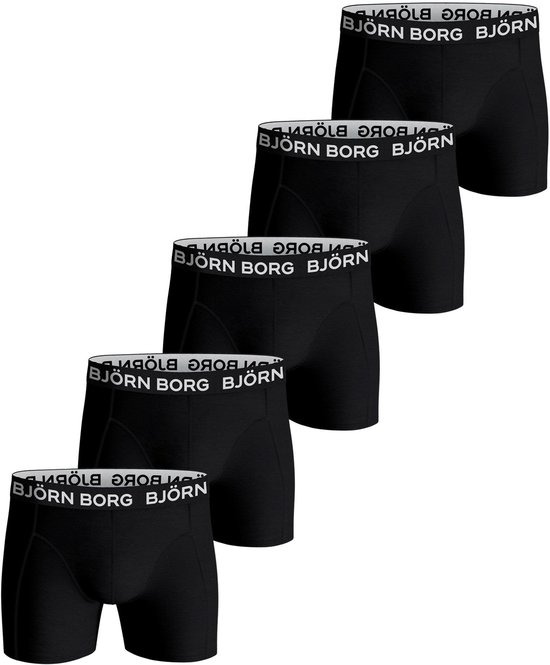 Vijf zwarte Björn Borg boxershorts met witte logo's op de elastische band.