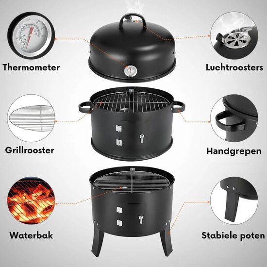 Rolu 3-in-1 BBQ Smoker - Rookoven - Grillen - Roken - Stomen - Barbecue - Slow Cooking - 4 Tot 6 Personen - Inclusief Waterpan van Merkloos — afbeelding 5