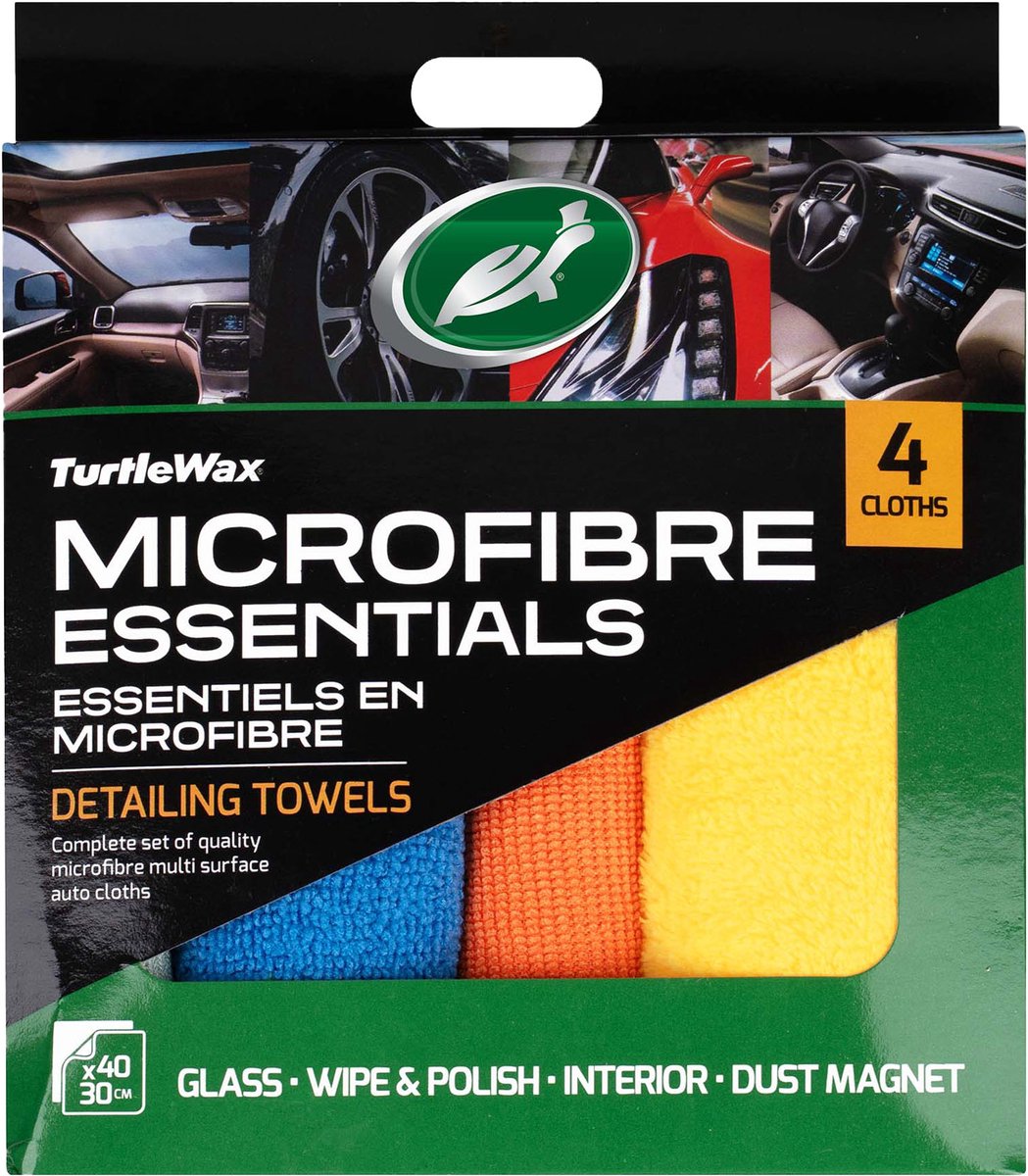 Turtle Wax Microvezel Essentials Kit - 4 verschillende microvezeldoeken - Elk doek een specifieke detailingtaak - Glasreiniging, polijsten & buffen, interieurreiniging - 40x30cm