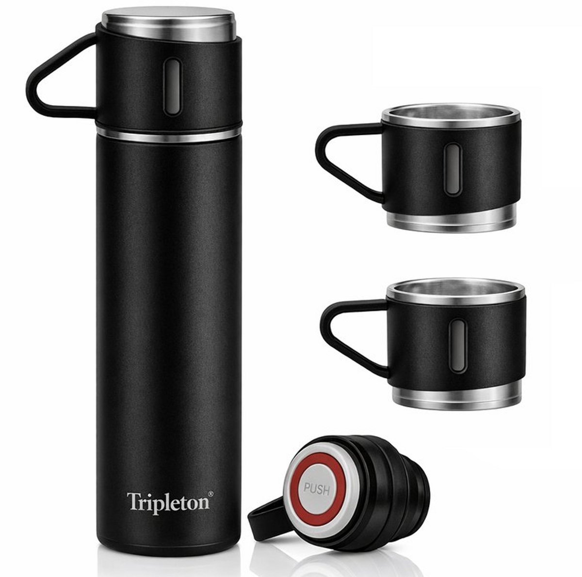 Thermosfles 500 ml met 3 Bekers – RVS Vacuümfles – 12u Warm & 12u Koud – Zwart