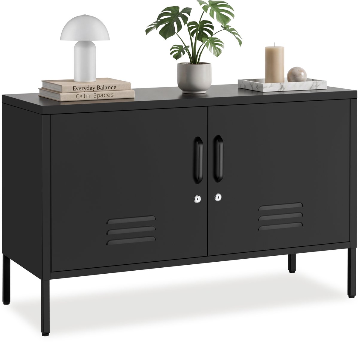 tectake® Stalen Dressoir - TV Meubel - 100 x 42,5 x 65 cm - Commode - Verstelbare Planken - 2 Deuren met Magneetsluiting - Lowboard - Metalen Kast - Zwart
