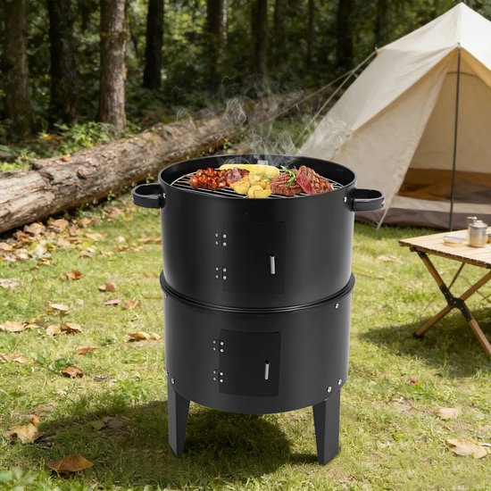 Linkforu - 3-in-1 Multifunctionele BBQ - Grill - Stook- Rookoven met Deksel en Thermometer - Houtskoolgrill - 2 Verstelbare Kleppen van Merkloos — afbeelding 4