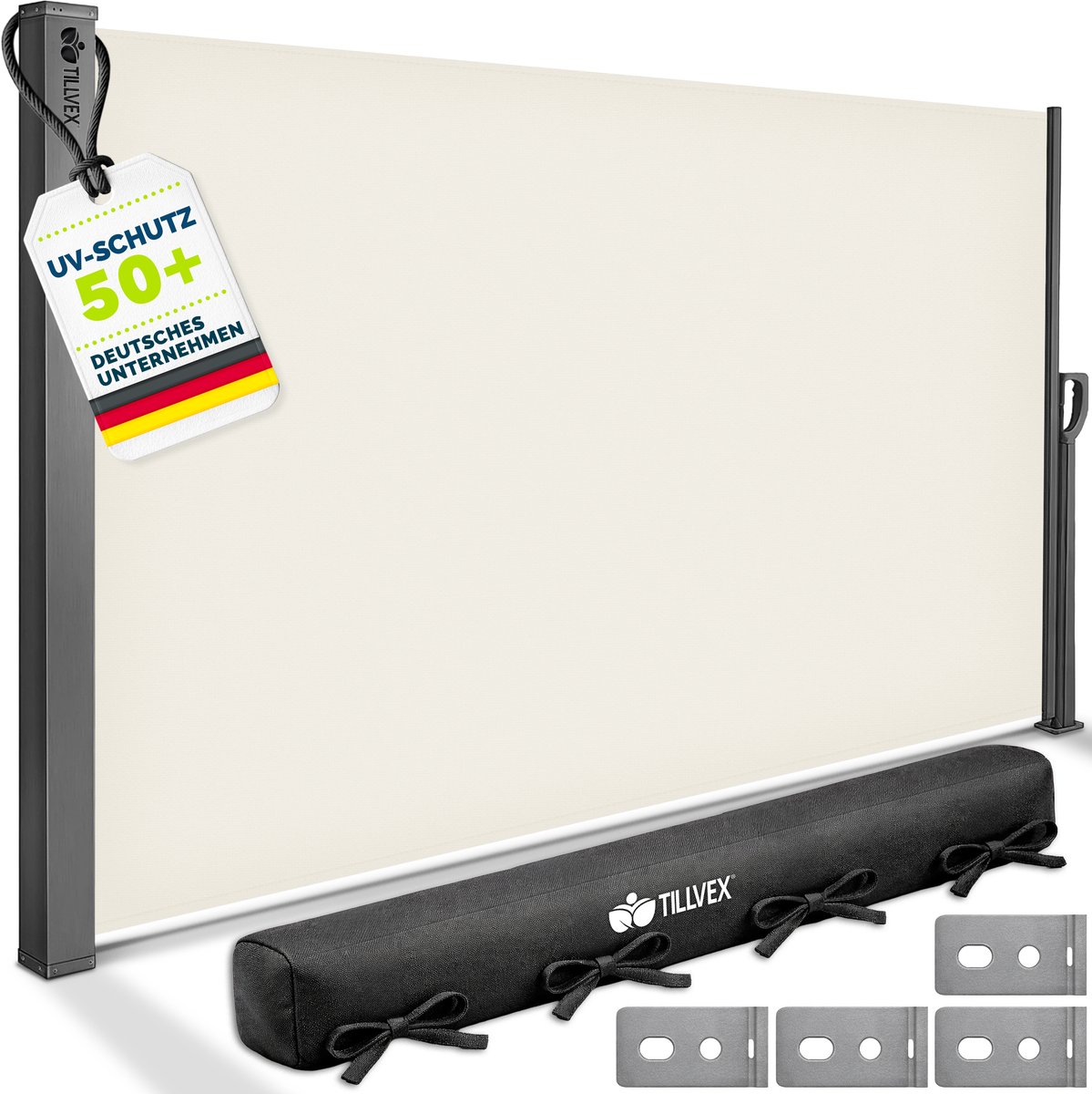 tillvex® Zijluifel 160 x 400 cm Uitschuifbaar & Ondoorzichtig met Regenhoes | Privacyscherm Balkon, Tuin & Terras | Zijrolluik met Wandbevestiging | Zonwering Luifel van Roestvrij Staal