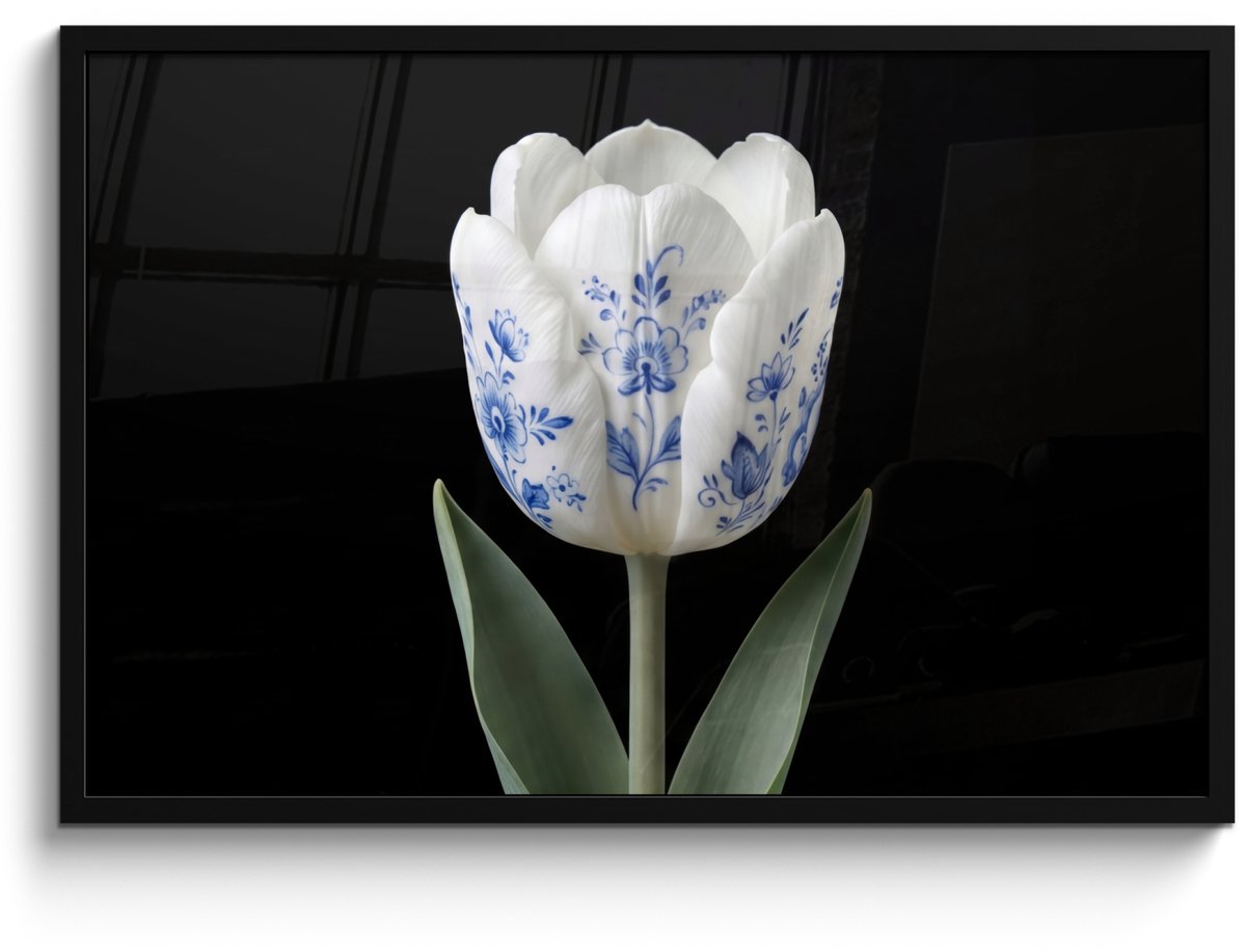 FrameYourWall Poster in lijst - Fotolijst 90x60 cm - Posters - Tulp - Patroon - Blauw - Posterlijst zwart - Decoratie - Wanddecoratie woonkamer - Muurdecoratie slaapkamer