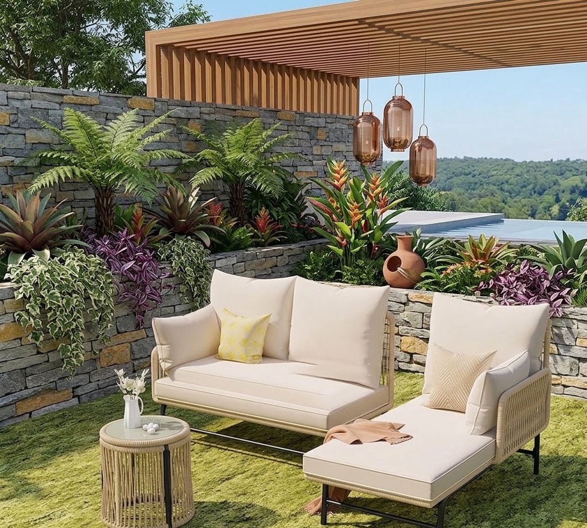 Luxe L-vormige 3-4 Persoons Tuinloungeset met Verstelbare Pootjes en Tafel – Inclusief Zit- en Rugkussens – 187 x 124 x 78 cm