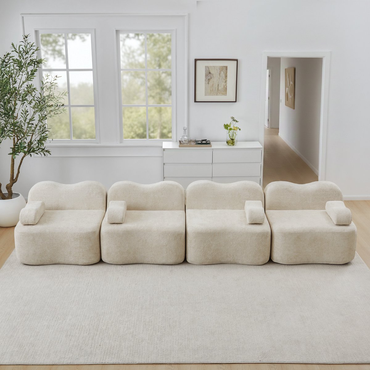 Modulaire hoekbank met 4 zitplaatsen – met 32D-schuim met hoge dichtheid – golvend ontwerp – diepe zitting – afneembare armleuningkussens – geschikt voor de woonkamer – beige