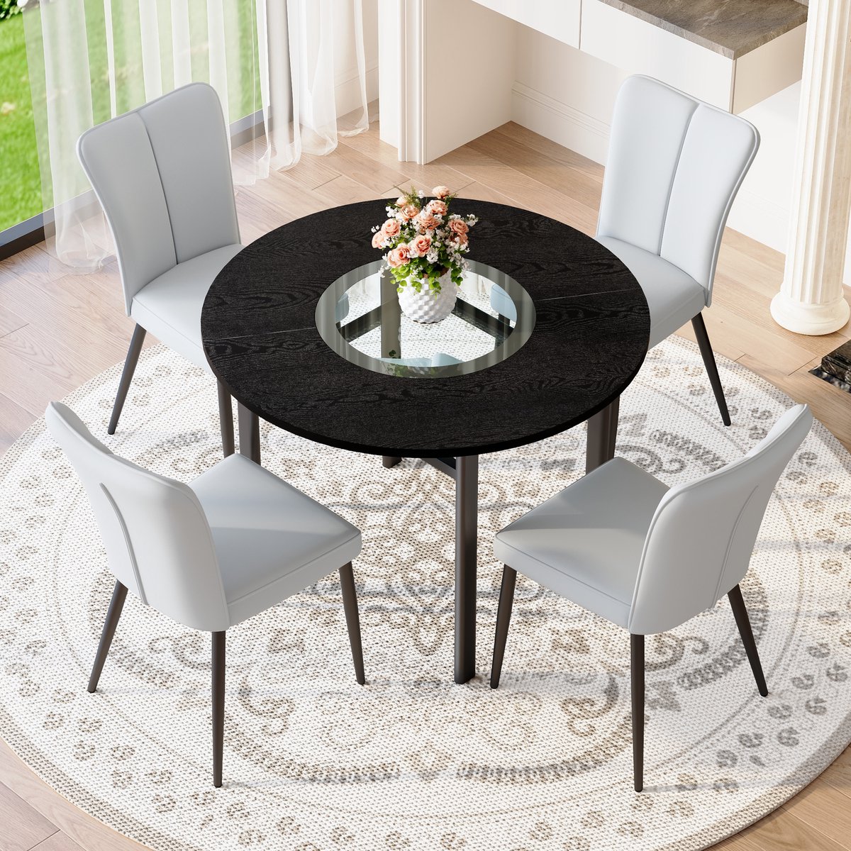 REDOM Eettafelset - Ronde Tafel Met Glasinzet En Onderblad - Modern - MDF, Glas, Metaal En PU - Zwart En Lichtgrijs Zwart + Lichtgrijs