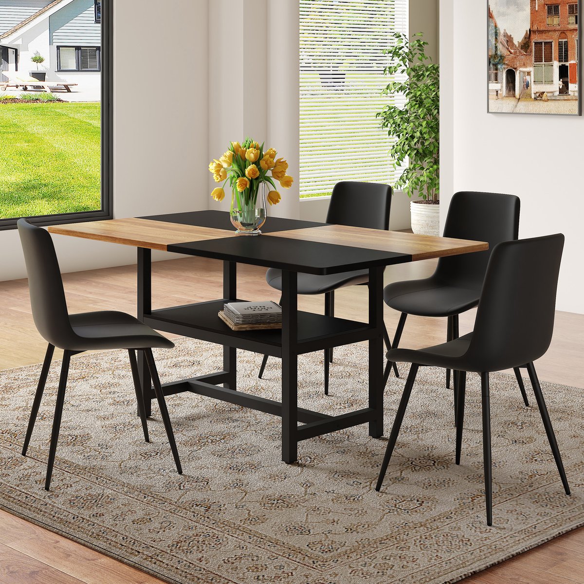REDOM Eettafelset Met Opbergplank En 4 Eetkamerstoelen - Modern - Voor Eethoek - MDF En Metaal - Bruin En Zwart - 160 Cm Bruin+Zwart