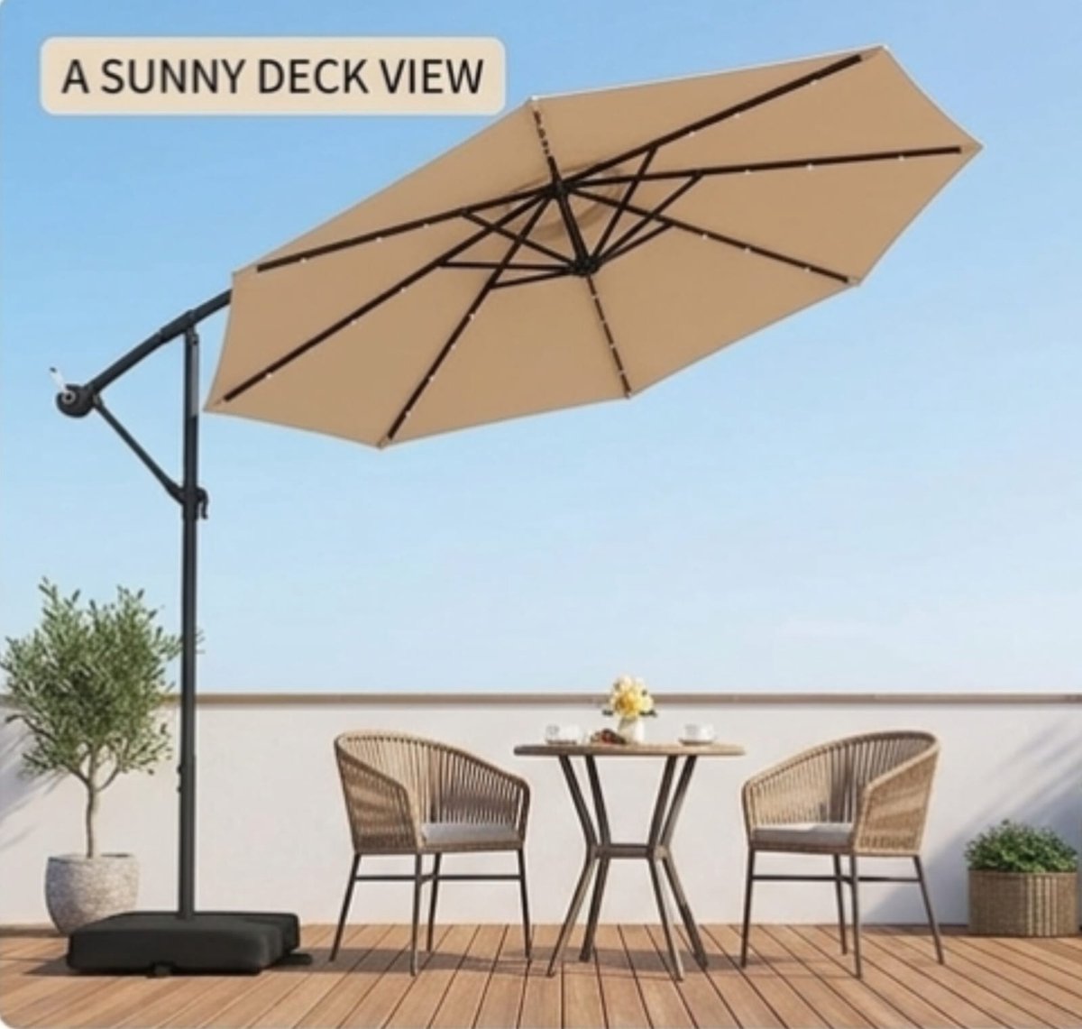 Zweefparasol 300 cm met LED Verlichting, Kantelbaar & Zwenkbaar met Zwenkarm en Zandzakken, UV-Bescherming Tuinparasol voor Terras, Balkon en Zwembad, Beige – NoviHome
