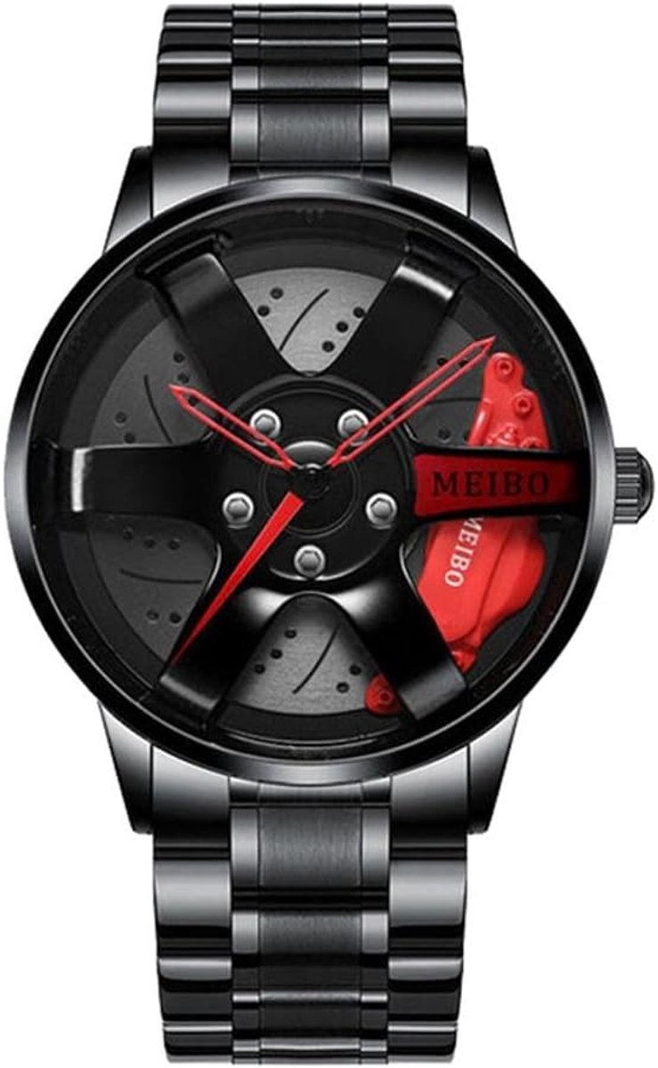Sportieve 3D Hollow Wheel Design Heren Horloge - Roestvrij Stalen Waterdichte Car Wheel Horloges - Polsbandje