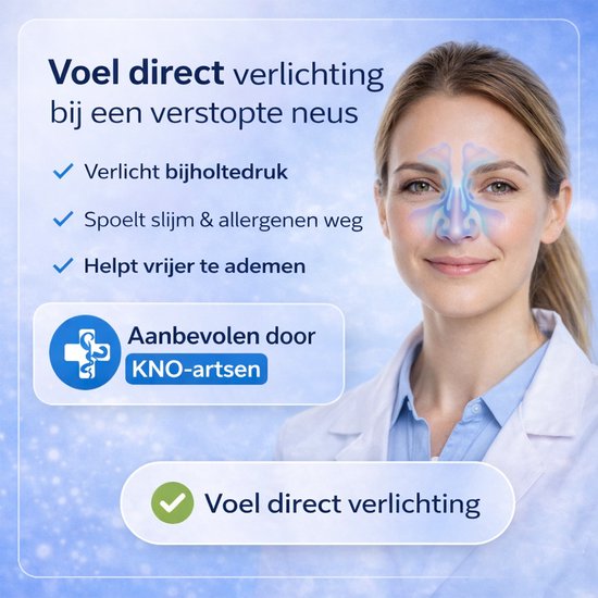 Vrouw met witte jas lacht, met afbeelding van neusholtes op haar gezicht. Meado neusdouche aanbevolen door KNO-artsen.