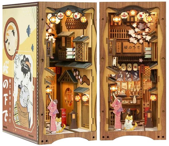 CuteBee YS06 Under the Sakura Tree Book Nook Bouwpakket | Miniatuur culturele huisjes pakket modelbouw voor volwassenen | Houten 3D Puzzel | Woonkamer decoratie boekensteun | Led lights verlichting ingebouwd | DIY boekenhouder collectie