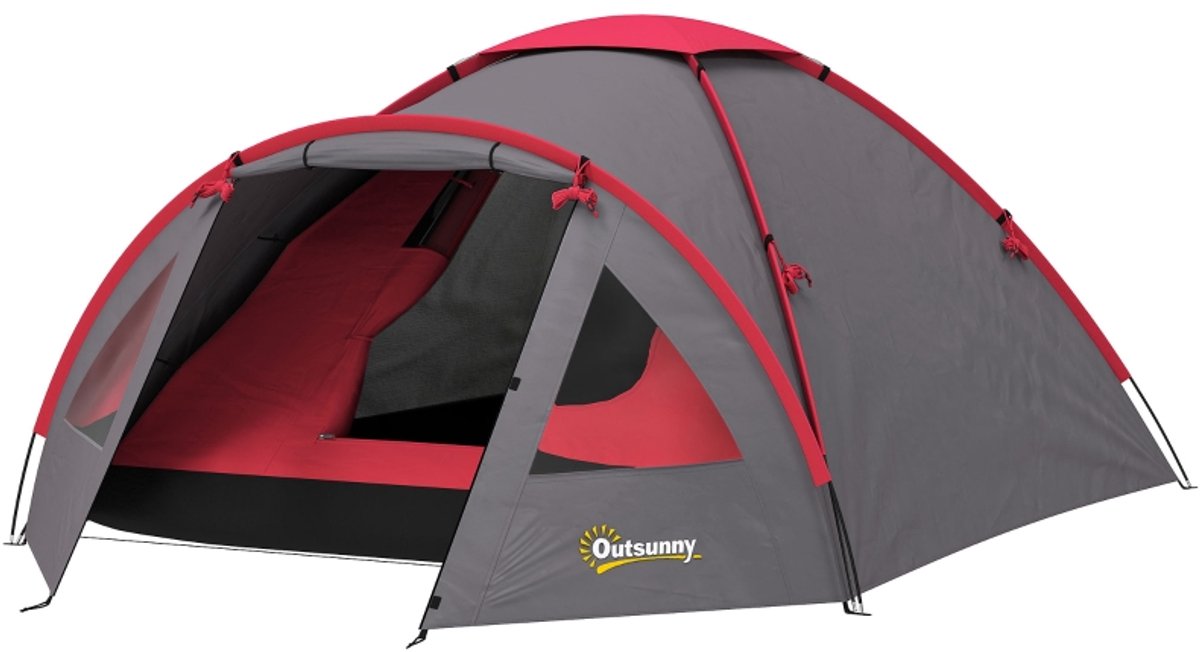 OutSunny 3-Persoons Koepeltent Grijs - Waterdichte Familientent met 2000 mm Waterkolom & UPF 50+ Inclusief Grondzeil, Haringen & Scheerlijnen – Geschikt voor Kamperen, Reizen en Achtertuin