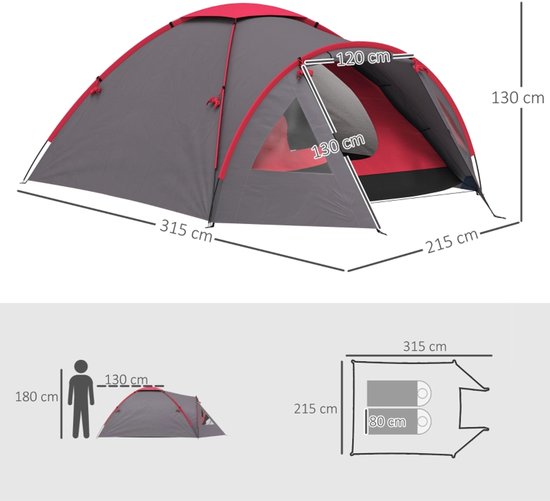 Campingtent 3 persoons OUTSUNNY- koepeltent familietent waterdicht 2000 mm - lichtgewicht tent met veranda - UV 50+ - met grondzeil, ramen en hordeur - voor camping, trekking en tuin - grijs - 315 x 215 x 130 cm van Merkloos — afbeelding 4