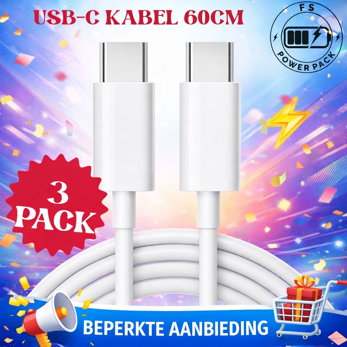3 Pack! FS Power Pack – USB-C naar USB-C Kabel 60 cm – 60W PD Snellader – 3-Pack – Fast Charge & Datakabel – Type-C – TPE Kabel – Zwart- Opladen iPhone/Samsung kabels