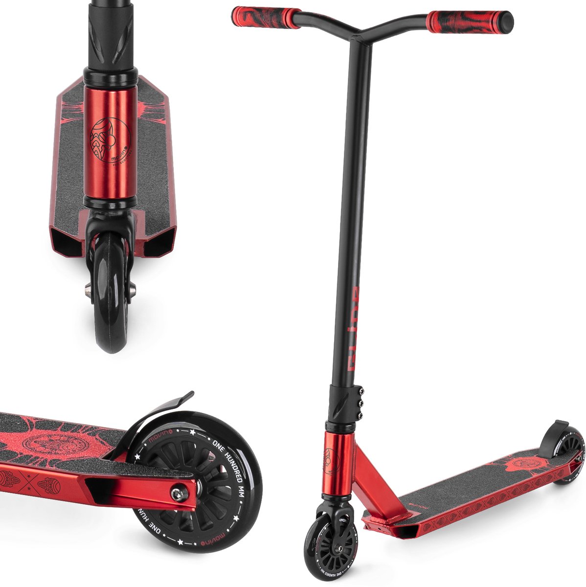 Movino Glide - Freestyle Stuntstep - Rood - Vanaf 5 jaar - Y-BAR - Lagers ABEC-9 - Aluminium - Flex Fender rem - Draagkracht tot 100 kg
