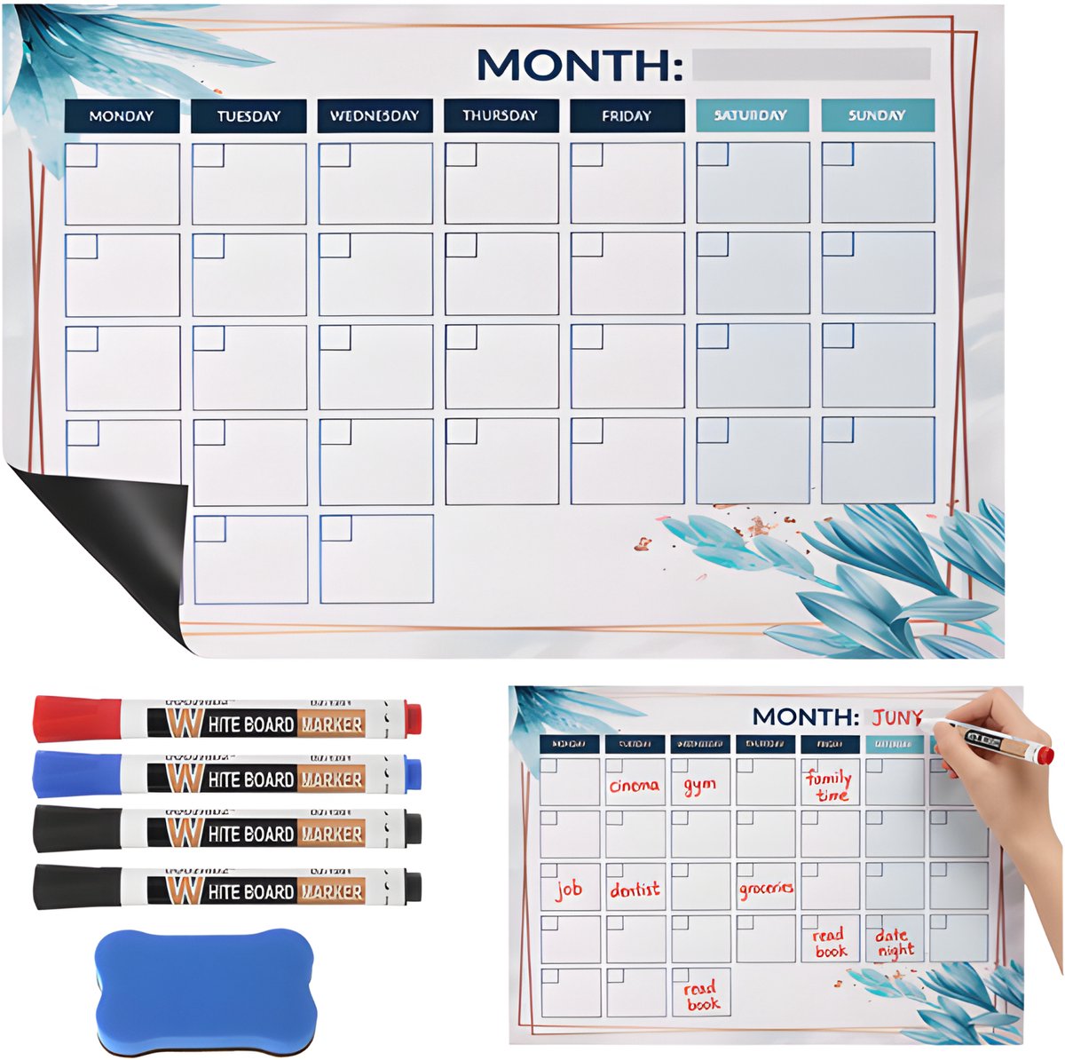 Teedz - Magnetische Weekplanner - Maandplanner voor Koelkast – 30x40 cm – Inclusief Markers en Wisser