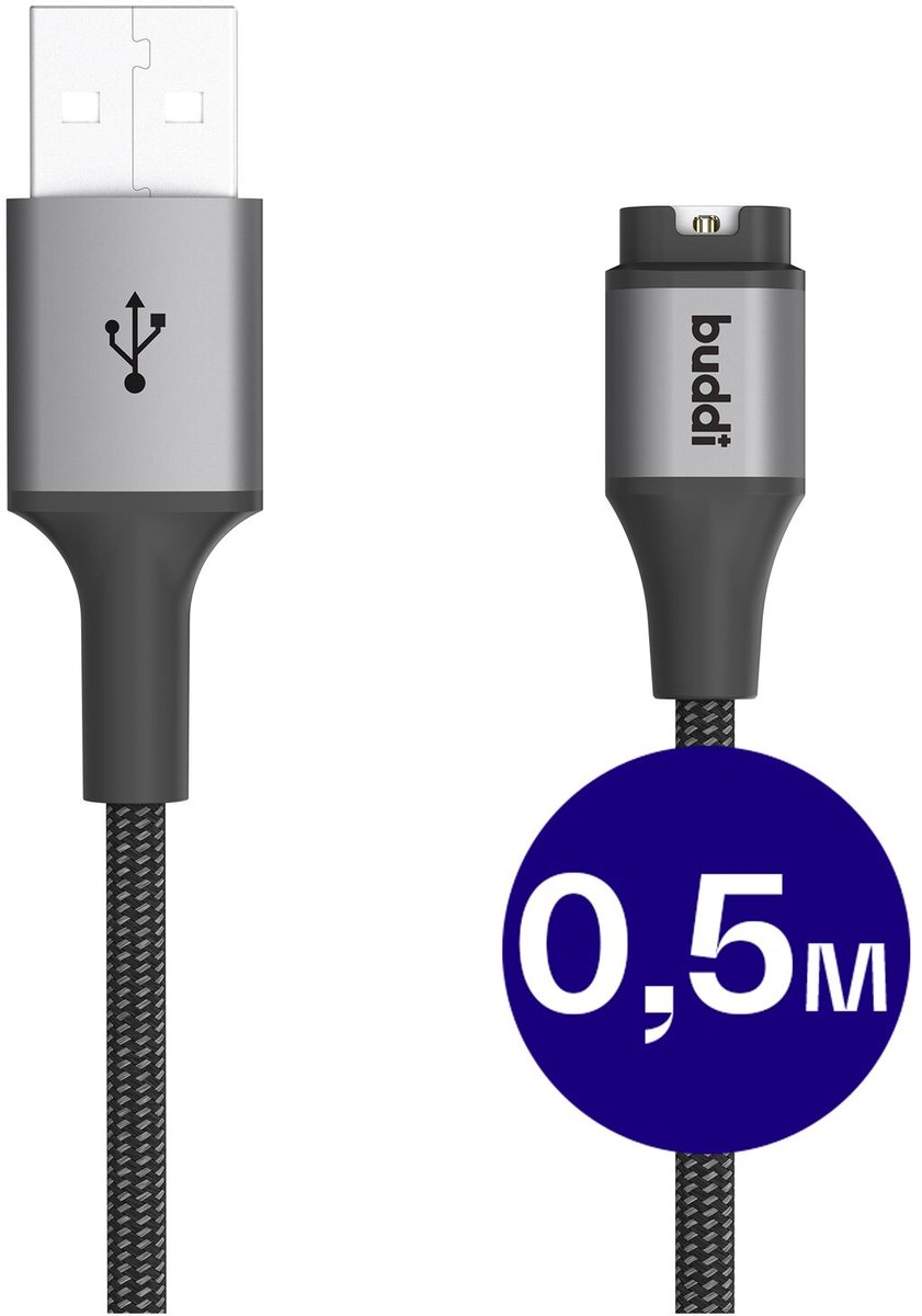 Image of Buddi Flex - Garmin Watch Kabel - USB-A - 0.5m - Korte kabel - 5W - Gevlochten Nylon - Universeel voor Garmin Watch - Zwart