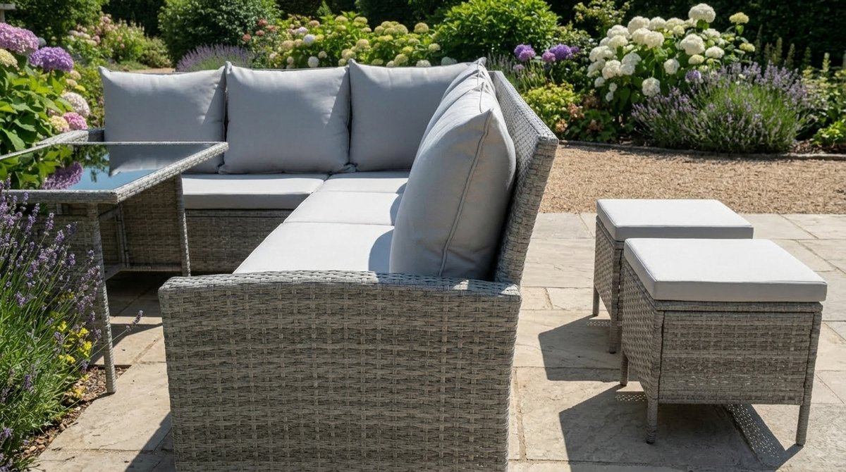 Hoekbank Tuinset Bellavero Madison & Monroe – 3-delige L-vormige Polyrotan Loungeset met Tafel en Kussens – Weerbestendig, UV-bestendig, Modern Design voor Balkon, Terras en Tuin – Grijs