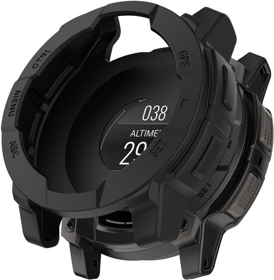 Zwarte TPU beschermhoes om een smartwatch met een scherm met gegevens over altimeter en barometer.