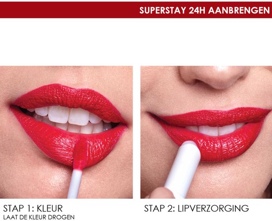 Stap 1: Kleur. Laat de kleur drogen. Stap 2: Lipverzorging. Rode lippen met applicator en lipbalsem.