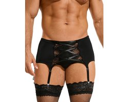 Zeloria Heren Jarretel Boxer Kant – Erotische Lingerie met Bandjes – Zwart – L – Exclusief Kousen