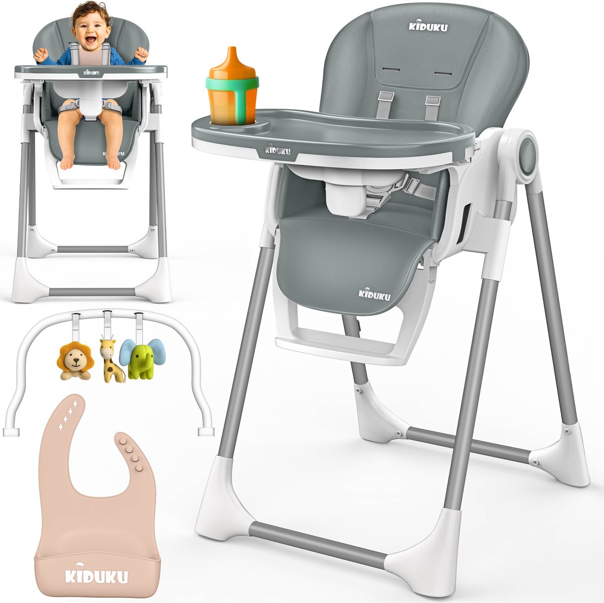KIDUKU® Kinderstoel Baby 3-in-1 met Opzetstuk voor Pasgeborenen + Slabbetje | Opvouwbare Eetstoel met Speelboog | Verstelbare Evolutieve Kinderstoel met 7 Hoogteposities | 0-36 Maanden (Lichtgrijs)