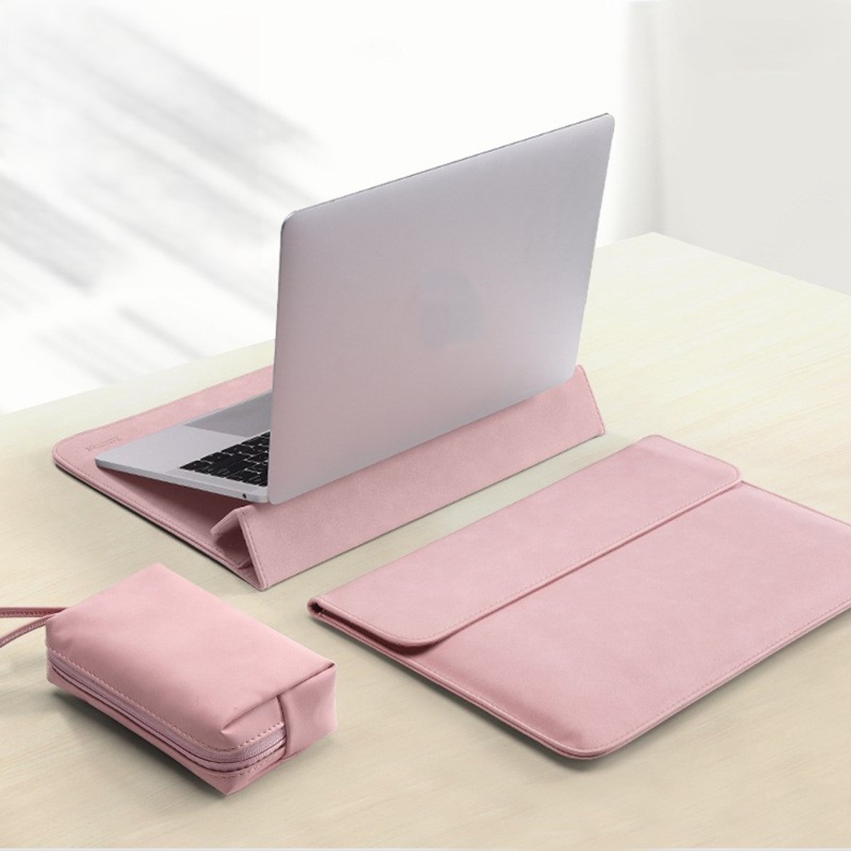 Beschermhoes voor laptops van 12-13,3 inch, tweedelige laptopstandaardset (standaardhoes en accessoiretas), laptopstandaard, Roze