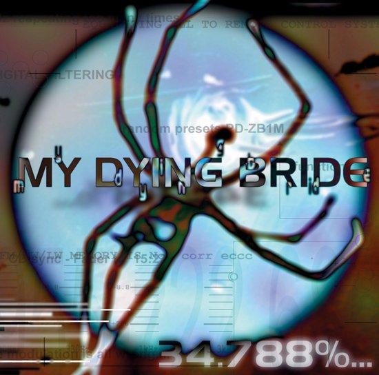 Albumhoes met 'MY DYING BRIDE 34.788% COMPLETE' in grote letters, met een spinnenfiguur in het midden op een blauwe achtergrond.
