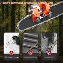 Illustratie toont problemen met kettingzagen: niet nauwkeurig, onhandig, moeilijk mee te nemen. Oranje slijpapparaat afgebeeld.