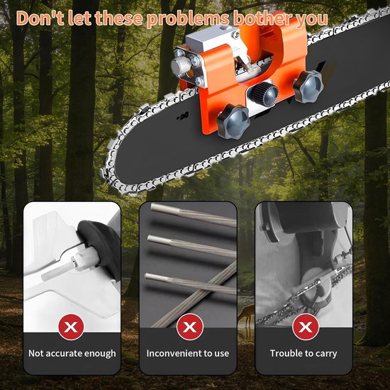 Illustratie toont problemen met kettingzagen: niet nauwkeurig, onhandig, moeilijk mee te nemen. Oranje slijpapparaat afgebeeld.