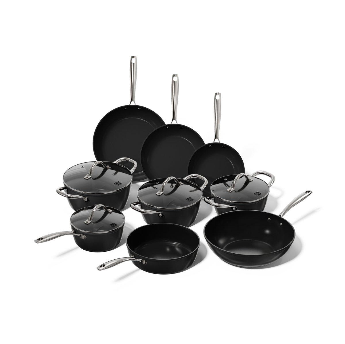 Cook & Pan 9-Delige Pannenset Zwart - PFAS vrij - Alle Warmtebronnen - Pannen Set met 7 jaar Garantie - Krasbestendige Anti Aanbaklaag - Vaatwasserbestendig - Gas, Inductie, Elektrisch, Oven - Koekenpan, Wokpan, Steelpan, Hapjespan, Kookpot