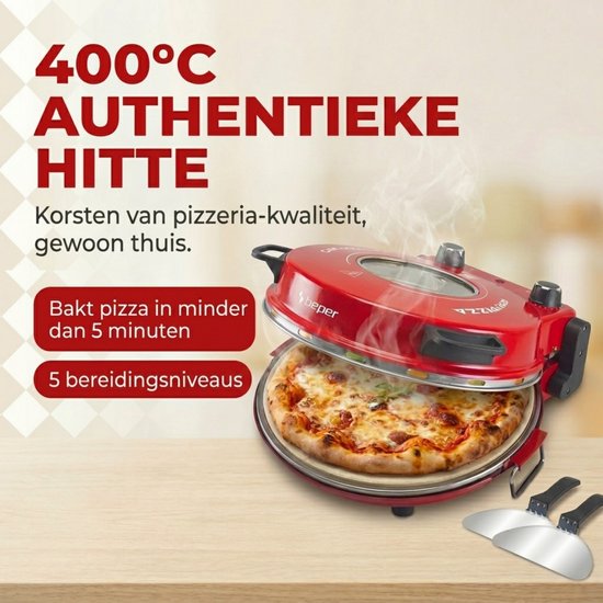 Beper Pizzaoven Elektrisch 1200W - Pizzamaker tot 400°C - Vuurvaste Steen - 31cm - Timer - voor Verse en Diepvriespizza — afbeelding 3