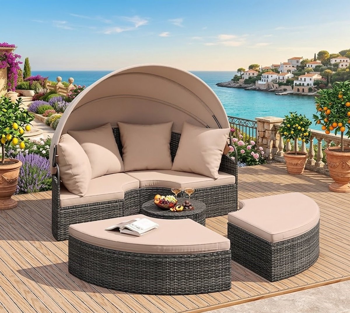Rond Luxe Zonne-eiland met Dak en Tafel voor 2 Personen – Beige, 172 x 180 x 141 cm