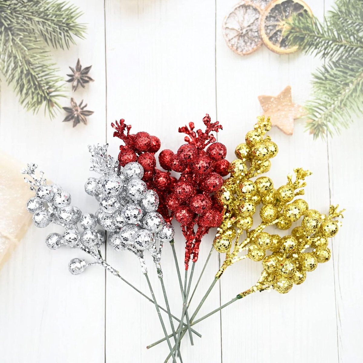 20 Stuks Gouden Glinsterende Bes Stelen – Kunstmatige Kerstboomversiering – Voor Kerstboomvulling, Zelfgemaakte Kerstkrans, Feest- en Woondecoratie – foto 6