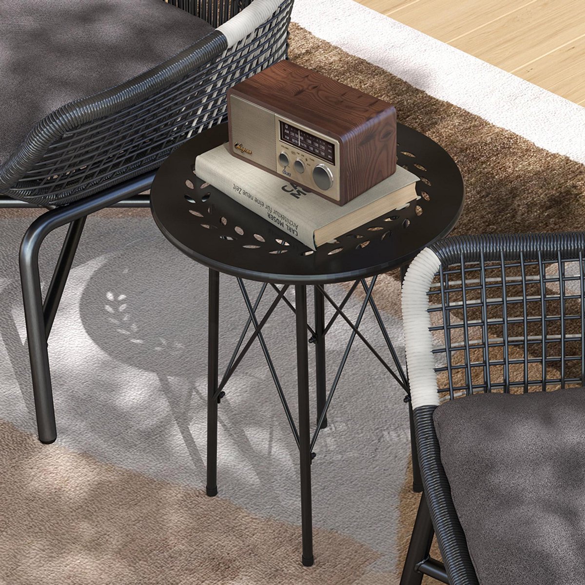 Pugsdrly Tuintafel, ronde terrastafel met bloemenpatroon, staal, bistrotafel voor binnen en buiten, zwart