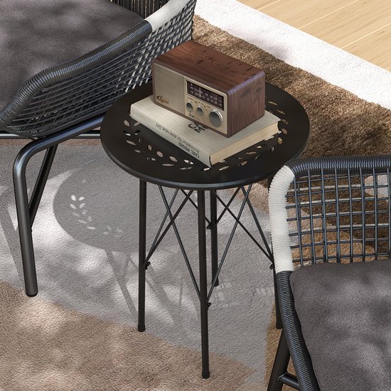 Pugsdrly Tuintafel, ronde terrastafel met bloemenpatroon, staal, bistrotafel voor binnen en buiten, zwart