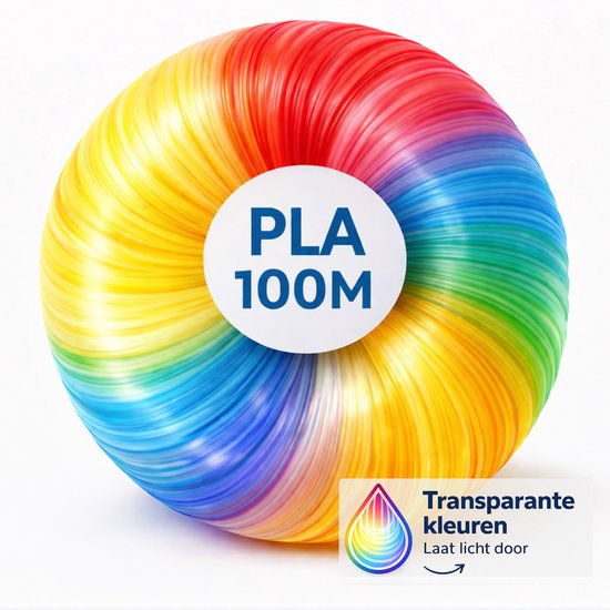 Regenboogkleurige PLA 100M rol transparant filament voor 3D-pennen. Laat licht door.