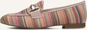 Zijzicht van een instapper met zigzagprint in beige, oranje, rood en blauw, beige bies en gouden bit.
