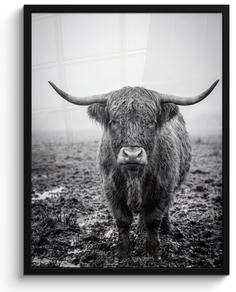 FrameYourWall Poster in lijst - Fotolijst 60x80 cm - Posters - Schotse hooglander - Zwart - Wit - Gras - Posterlijst zwart - Decoratie - Wanddecoratie woonkamer - Muurdecoratie slaapkamer