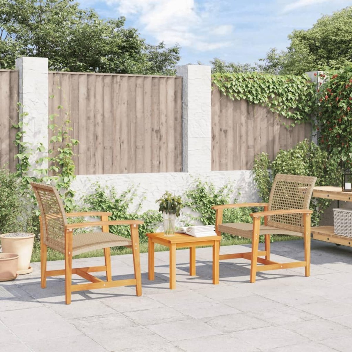 Tuinstoelen Set 2 stuks Beige Polyrotan met Armleuningen en Houten Rugleuning 64x63x80 cm – Comfortabele Buitentoelen voor Terras, Tuin, Balkon, Laura