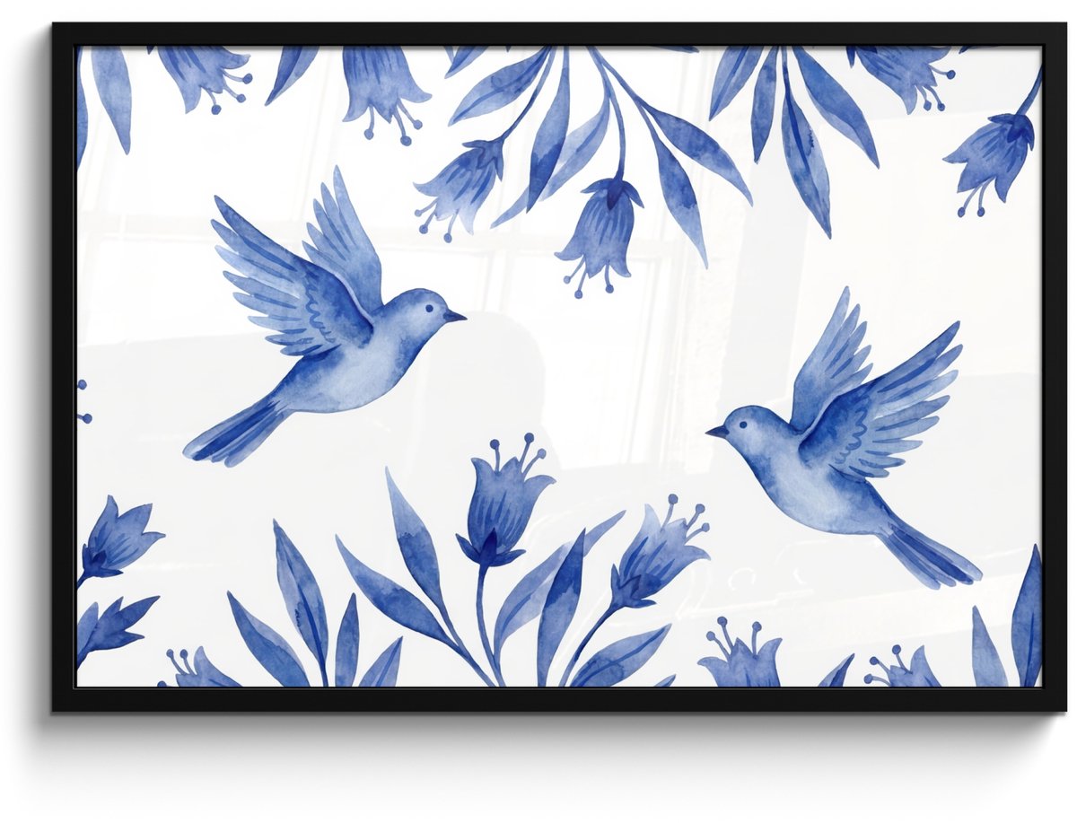 FrameYourWall Poster in lijst - Fotolijst 90x60 cm - Posters - Modern - Vogels - Delfts - Blauw - Posterlijst zwart - Decoratie - Wanddecoratie woonkamer - Muurdecoratie slaapkamer