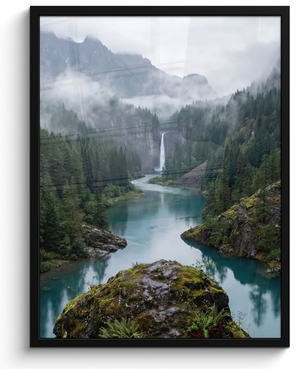 FrameYourWall Poster in lijst - Fotolijst 60x80 cm - Posters - Waterval - Bomen - Bergen - Posterlijst zwart - Decoratie - Wanddecoratie woonkamer - Muurdecoratie slaapkamer