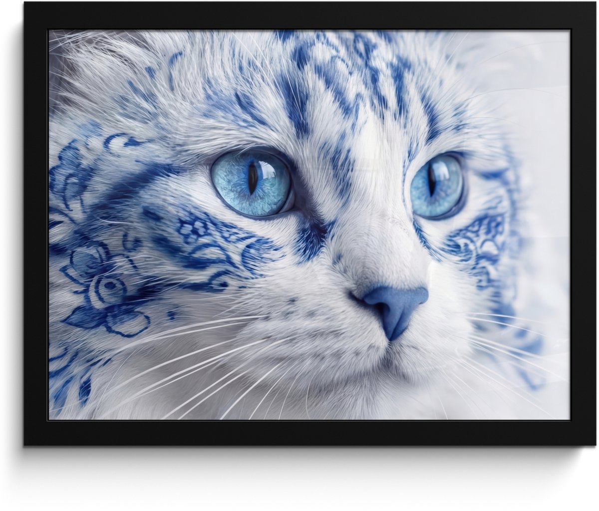 FrameYourWall Poster in lijst - Fotolijst 40x30 cm - Posters - Kat - Patroon - Blauw - Posterlijst zwart - Decoratie - Wanddecoratie woonkamer - Muurdecoratie slaapkamer